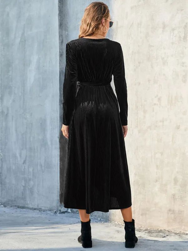 Velvet Wrap Mid-Length Dress with Asymmetrical Hem and Tie Waist