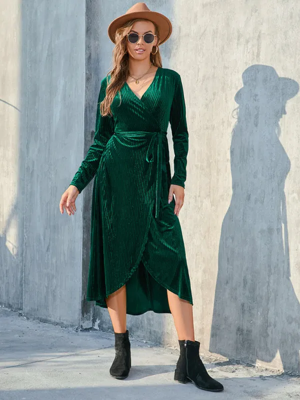Velvet Wrap Mid-Length Dress with Asymmetrical Hem and Tie Waist