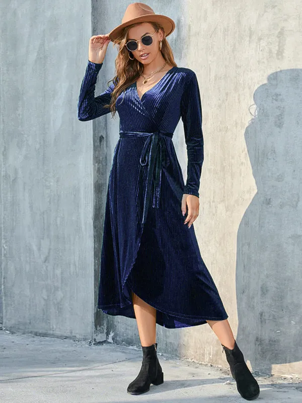 Velvet Wrap Mid-Length Dress with Asymmetrical Hem and Tie Waist