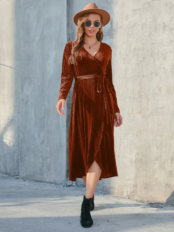 Velvet Wrap Mid-Length Dress with Asymmetrical Hem and Tie Waist