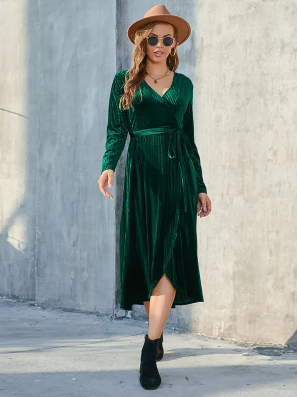 Velvet Wrap Mid-Length Dress with Asymmetrical Hem and Tie Waist