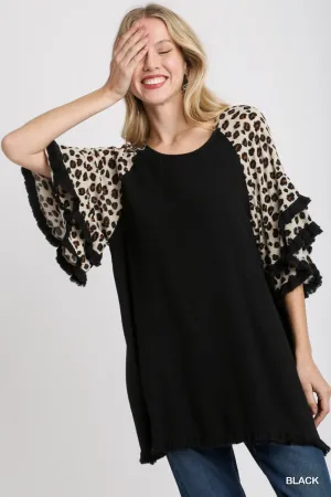 Victoria Animal Print Layered Bell Sleeve Round Neck Top In black