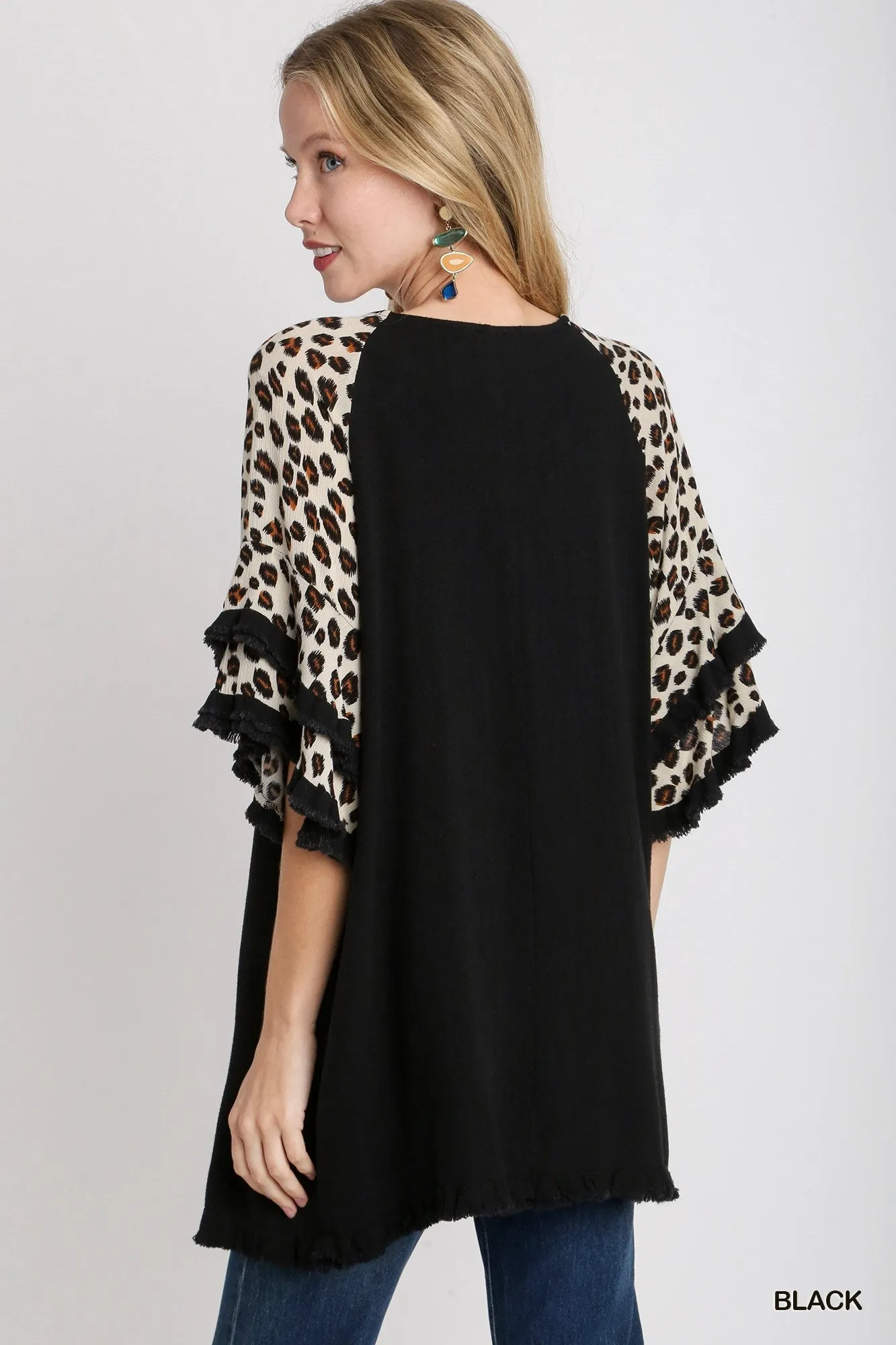 Victoria Animal Print Layered Bell Sleeve Round Neck Top In black