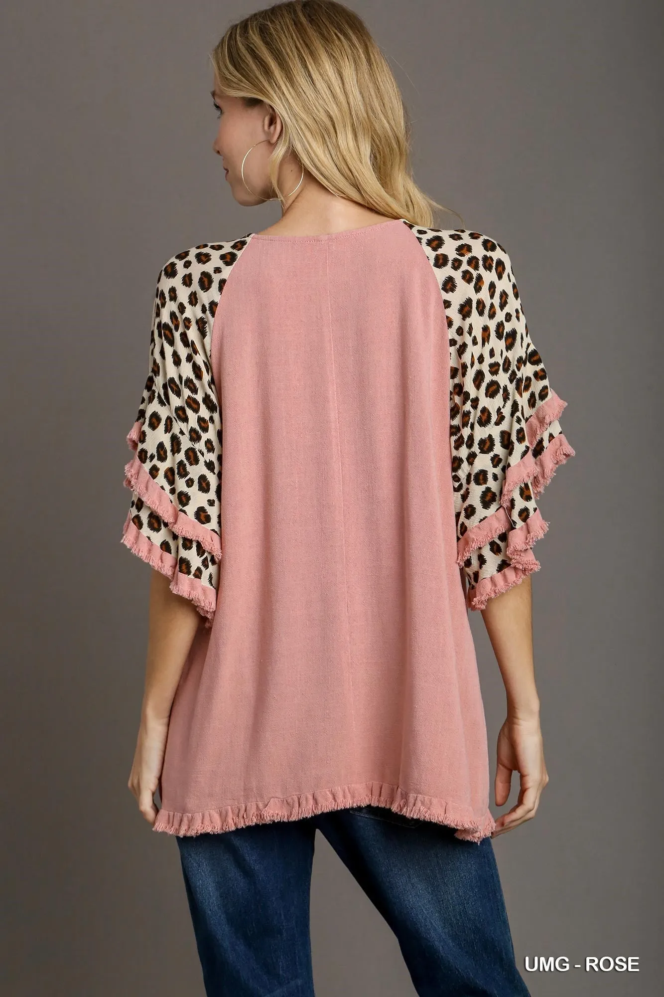 Victoria Animal Print Layered Bell Sleeve Round Neck Top In Rose