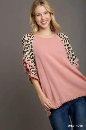 Victoria Animal Print Layered Bell Sleeve Round Neck Top In Rose