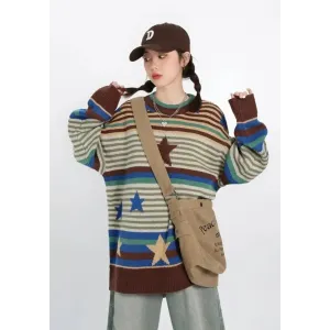 Vintage Aesthetic Knit Sweater with Charming Star Print