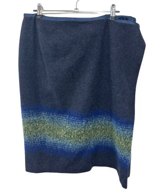 Vintage Dark Grey Mid Rise Wrap Knee Length Skirt with Blue & Yellow Print