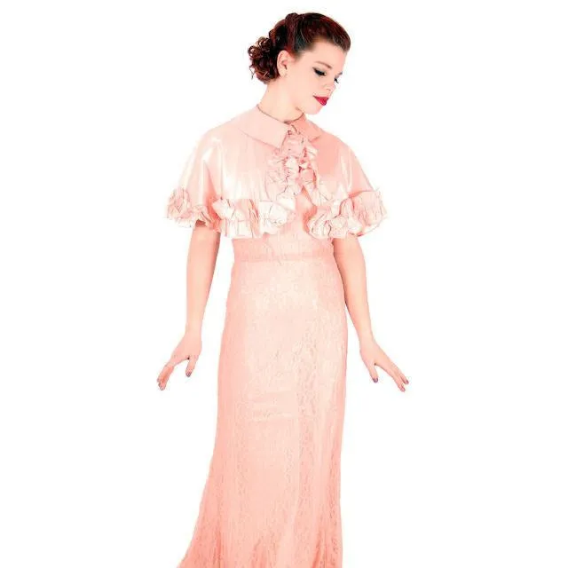 Vintage Dress Peach Lace Tea Gown w/ Bias Cut Slip & Capelet  1930s 32-29-38