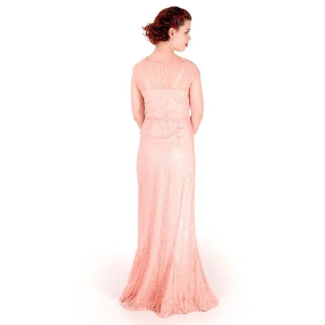 Vintage Dress Peach Lace Tea Gown w/ Bias Cut Slip & Capelet  1930s 32-29-38