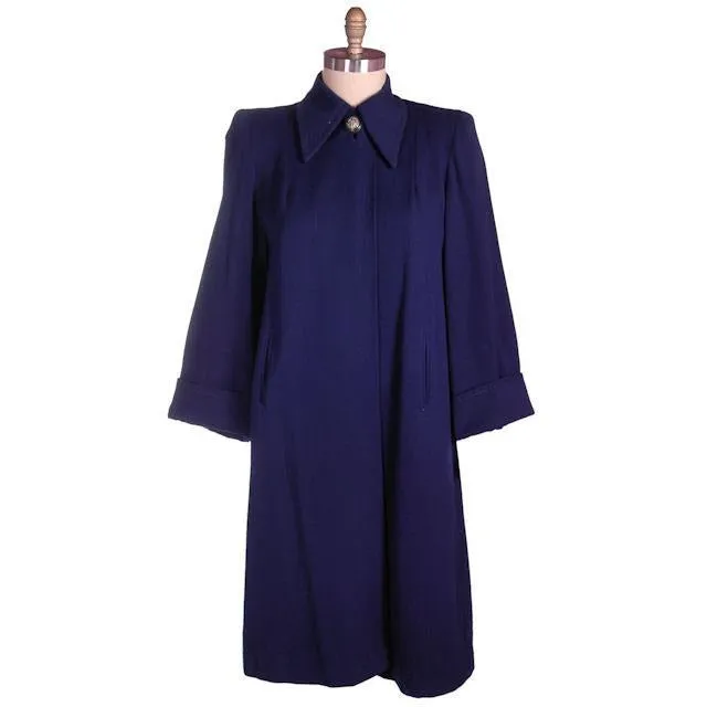 Vintage Navy Blue Wool Swing Coat Fab Details 1940s M-XL