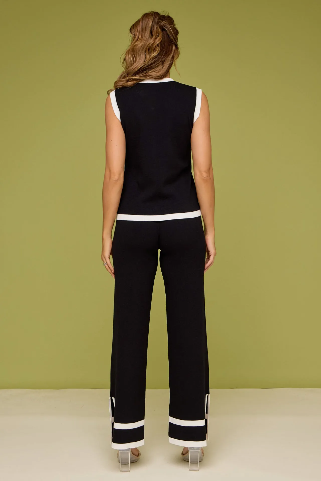Vivia Knit Sleeveless Top and Pants Set With Contrast Stripe