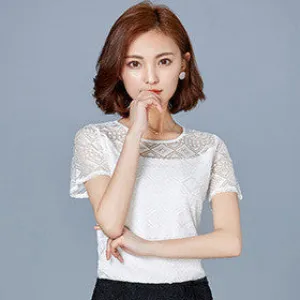 White Blouse Lace Chiffon Short Sleeve Summer Women Tops Fashion Korean Hollow Out Ladies Shirt Office Female Clothing