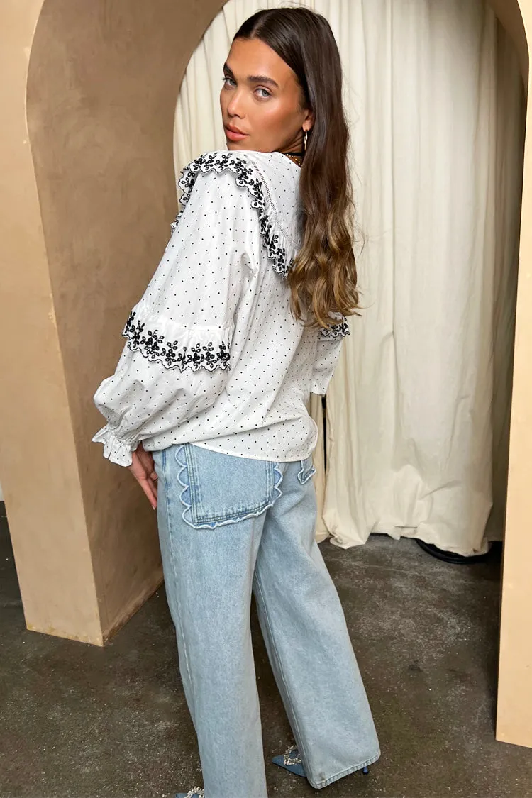White Dobby Shirt with Lace Trim Detail
