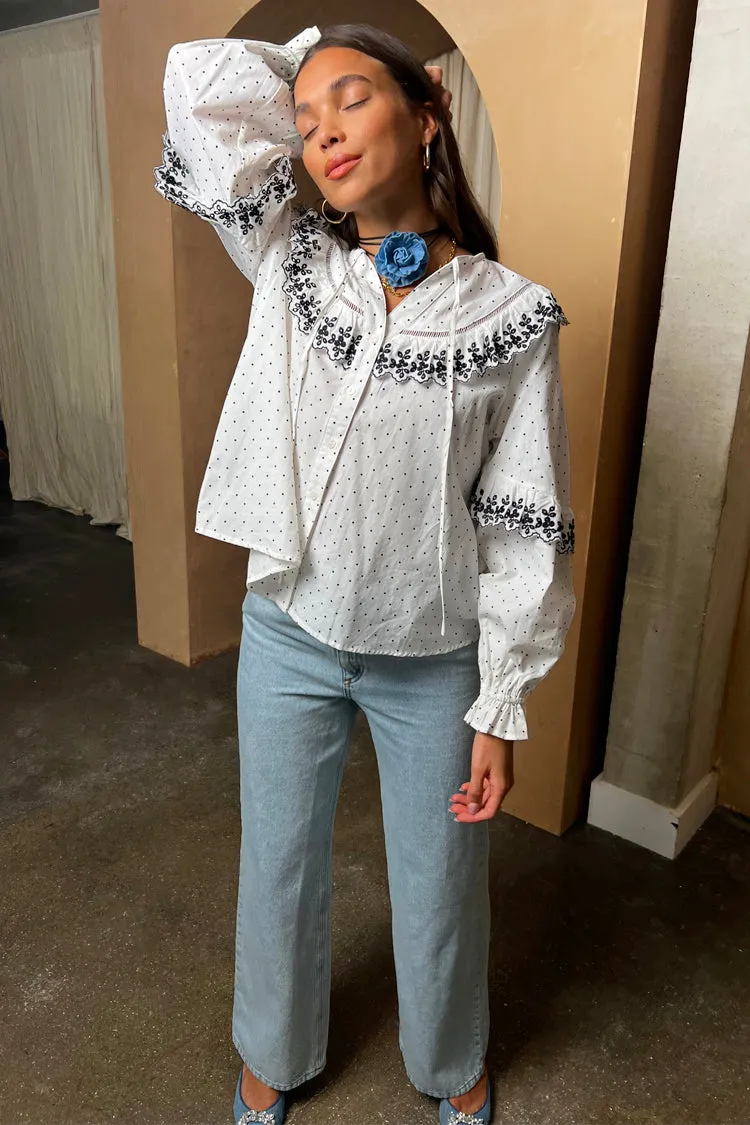 White Dobby Shirt with Lace Trim Detail