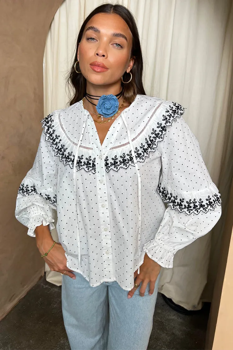 White Dobby Shirt with Lace Trim Detail