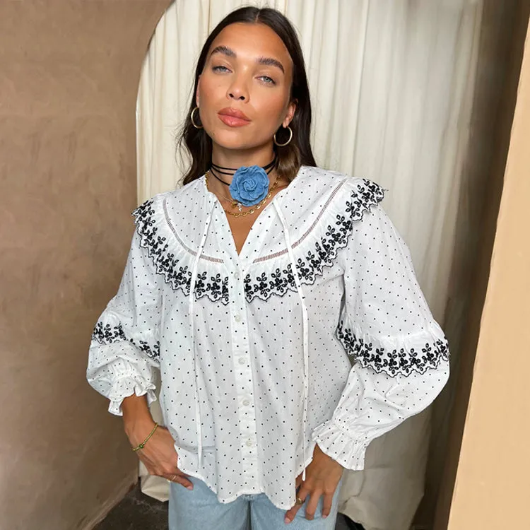 White Dobby Shirt with Lace Trim Detail