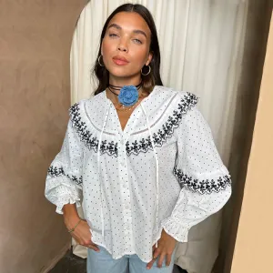 White Dobby Shirt with Lace Trim Detail