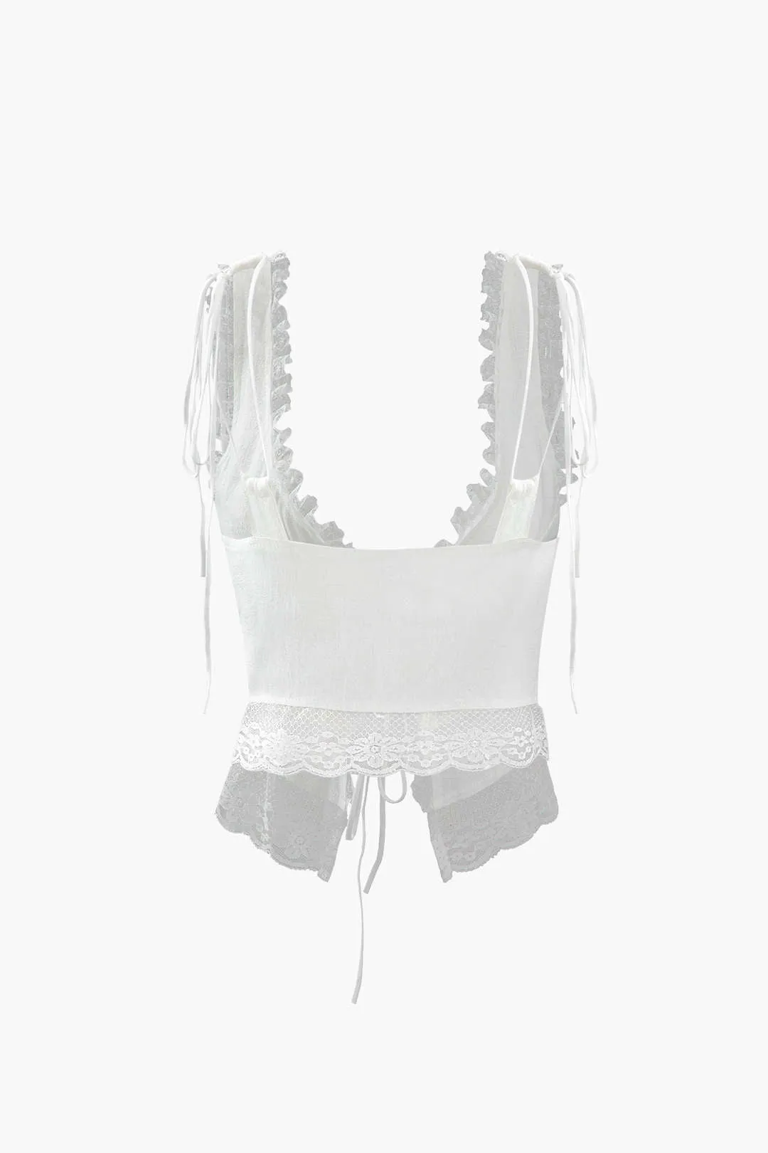 White lace trim tank top with tie front