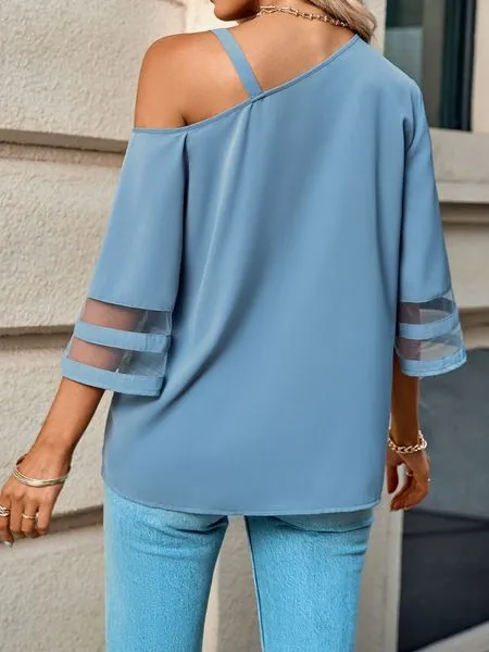 White Metal Strap Mesh Bell Sleeve Cold Shoulder Blouse