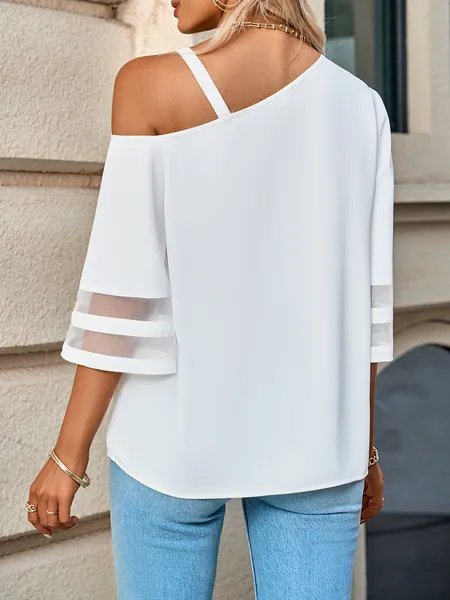 White Metal Strap Mesh Bell Sleeve Cold Shoulder Blouse