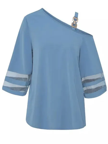 White Metal Strap Mesh Bell Sleeve Cold Shoulder Blouse
