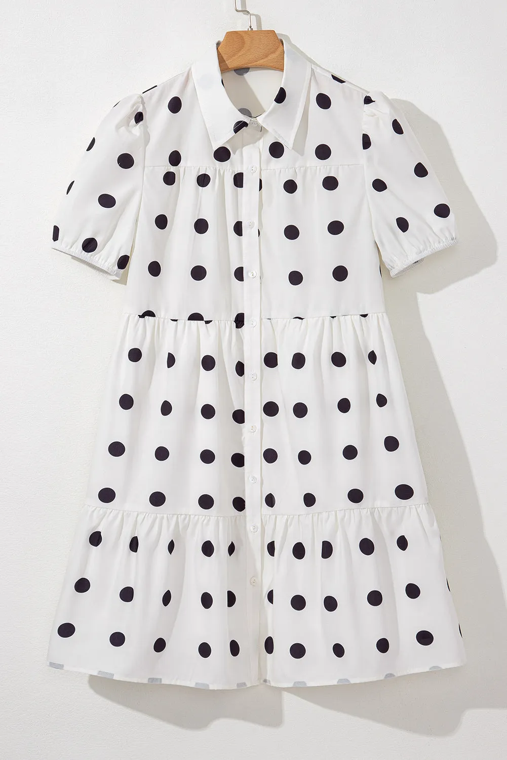 White Polka Dot Print Short Sleeve Collar Buttoned Tiered Babydoll Dress