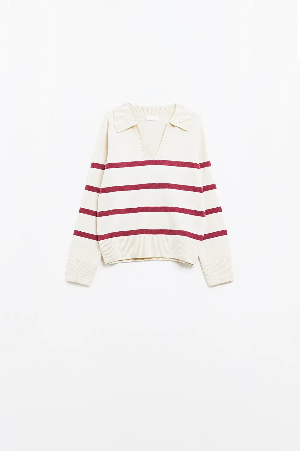 white sweater with dark red stripes and wide v neck