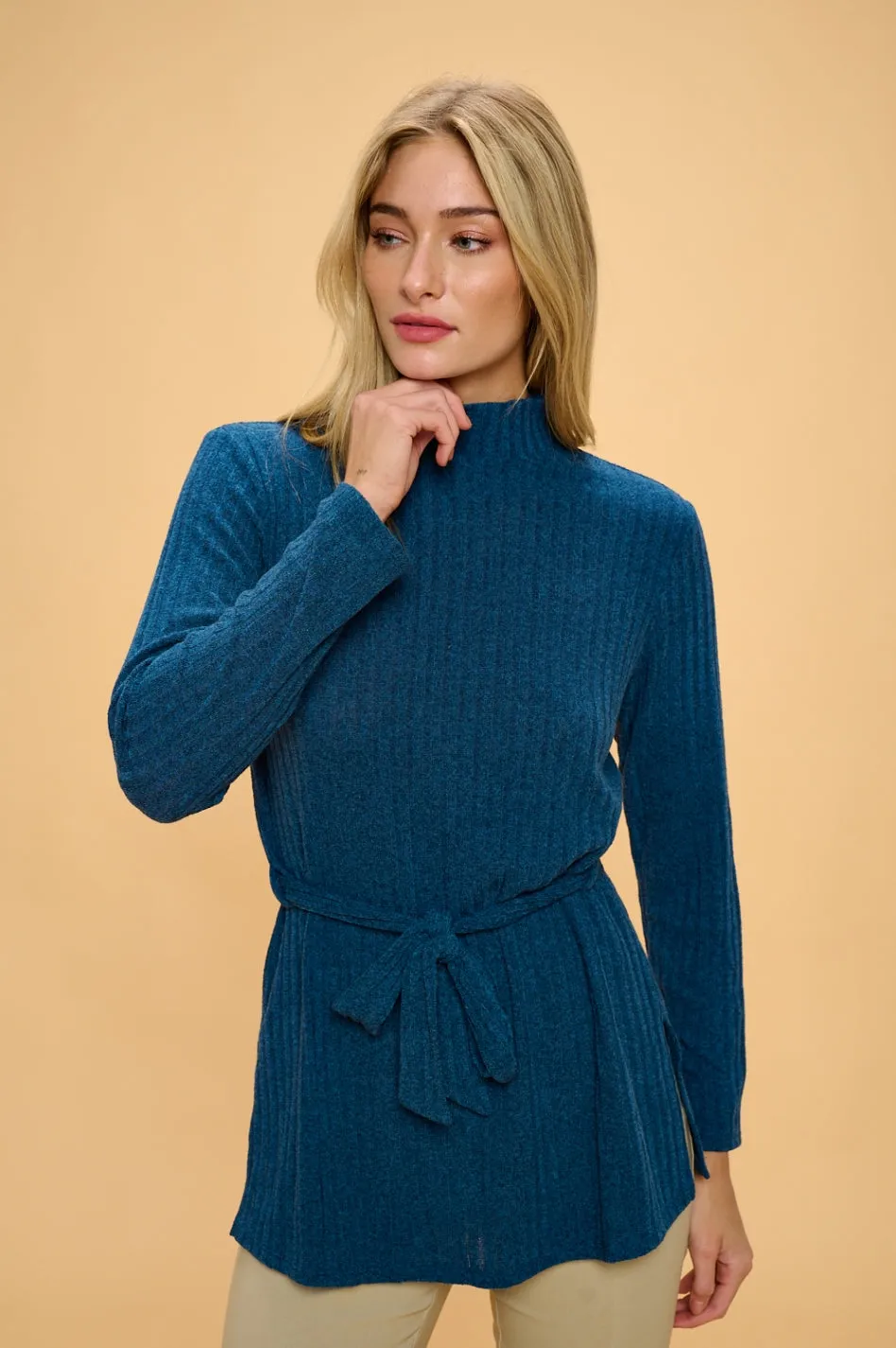 WIDE BAND SIDE TIE WRAP SWEATER