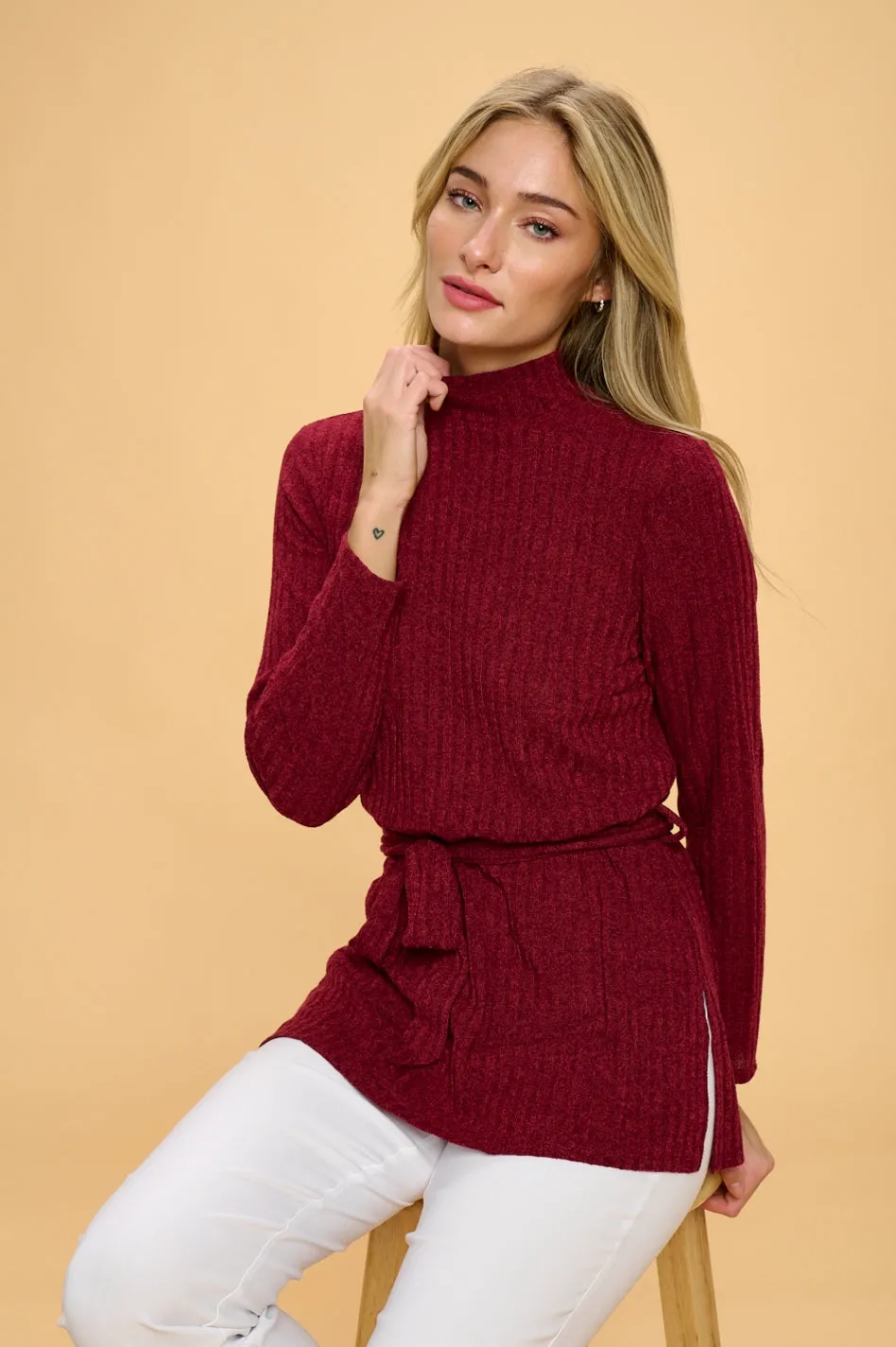 WIDE BAND SIDE TIE WRAP SWEATER