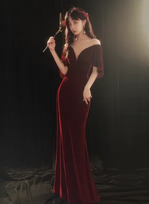 Wine Red Memaid Evening Dress Party Dress, Velvet Long Prom Dress