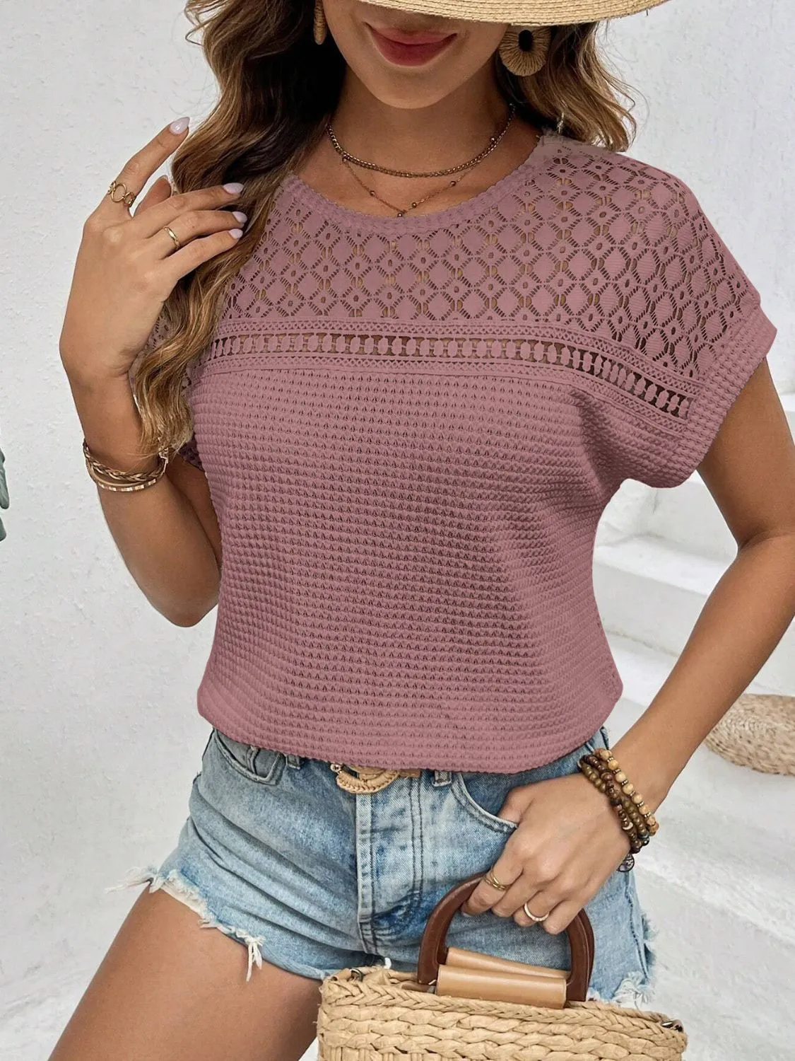 Winnie Waffle-Knit Round Neck Short Sleeve Top