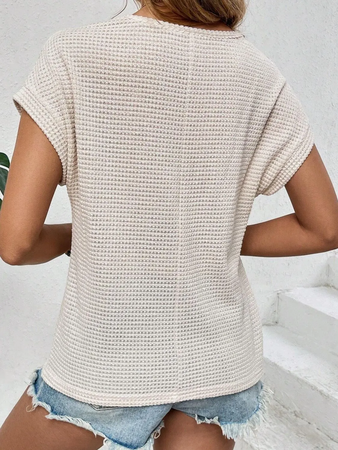 Winnie Waffle-Knit Round Neck Short Sleeve Top