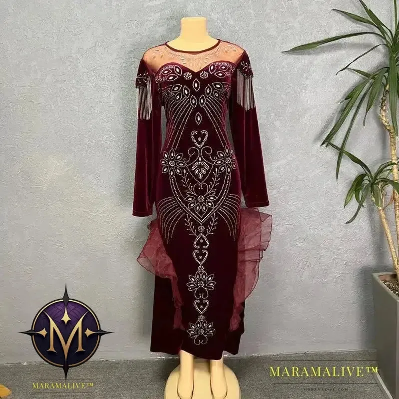 Women Autumn Fashion Luxury Diamond Evening Party Velvet Dresses Elegant Retro Noble Temperament Long Dress