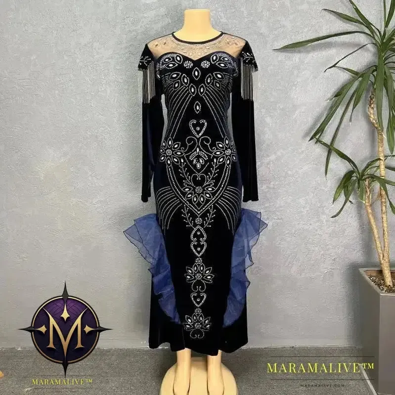 Women Autumn Fashion Luxury Diamond Evening Party Velvet Dresses Elegant Retro Noble Temperament Long Dress