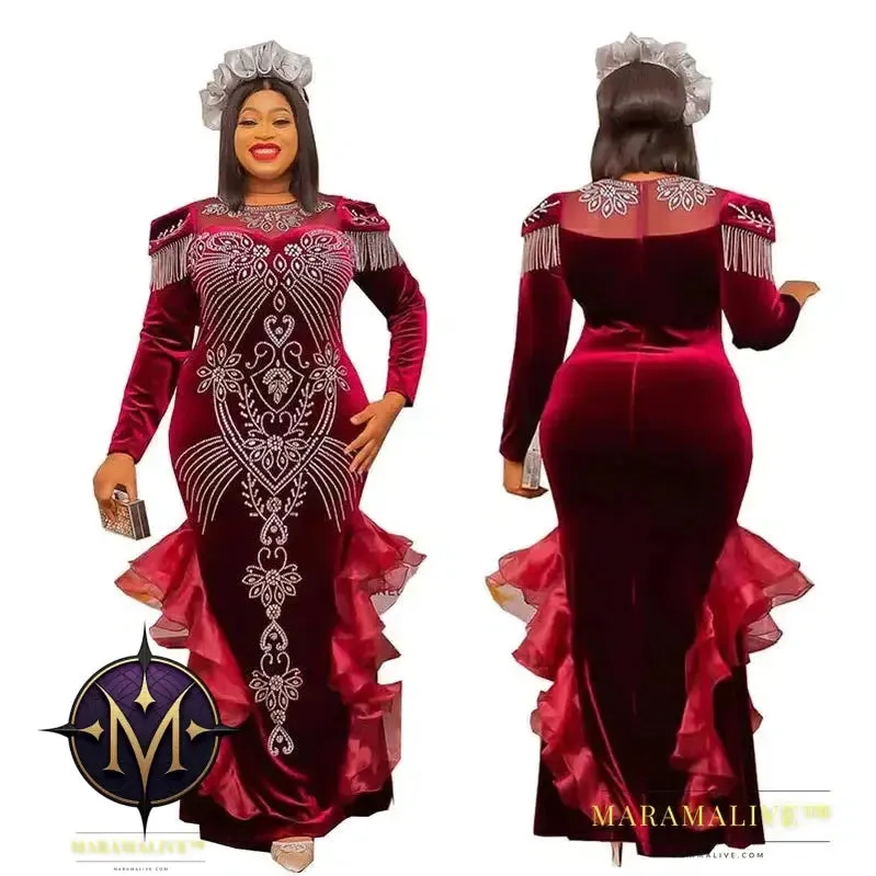 Women Autumn Fashion Luxury Diamond Evening Party Velvet Dresses Elegant Retro Noble Temperament Long Dress
