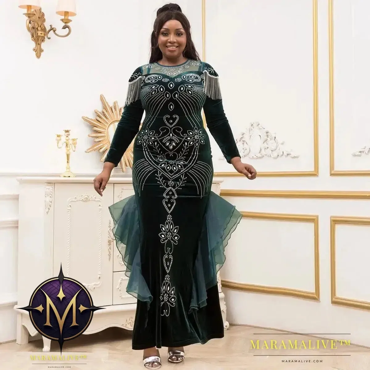 Women Autumn Fashion Luxury Diamond Evening Party Velvet Dresses Elegant Retro Noble Temperament Long Dress