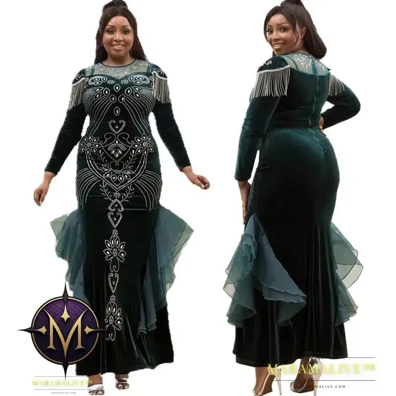 Women Autumn Fashion Luxury Diamond Evening Party Velvet Dresses Elegant Retro Noble Temperament Long Dress