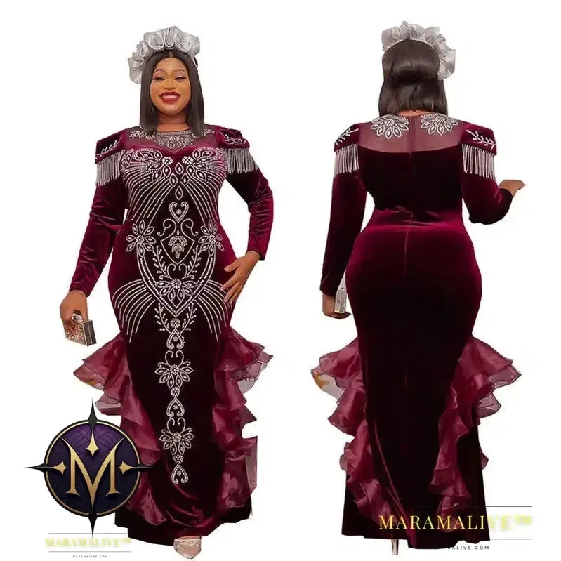 Women Autumn Fashion Luxury Diamond Evening Party Velvet Dresses Elegant Retro Noble Temperament Long Dress