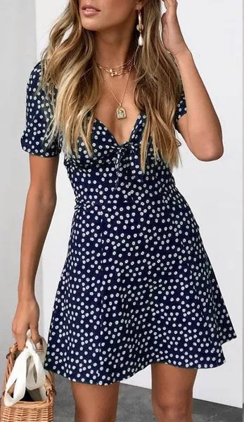 Women Dress Polka Dot Mini Dress V-neck Short Sleeve Summer Beach Dresses