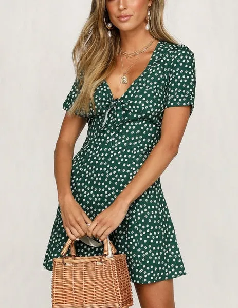 Women Dress Polka Dot Mini Dress V-neck Short Sleeve Summer Beach Dresses