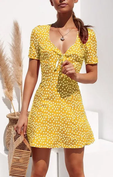 Women Dress Polka Dot Mini Dress V-neck Short Sleeve Summer Beach Dresses