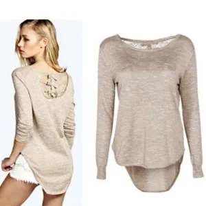 Women Elegant Lace Back Bow Knitted Patchwork Long-Sleeve T-shirt Sweet O-neck Character Irregular Tops Shirt NW