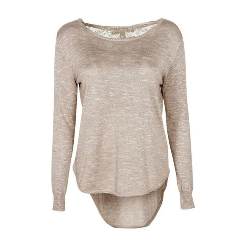 Women Elegant Lace Back Bow Knitted Patchwork Long-Sleeve T-shirt Sweet O-neck Character Irregular Tops Shirt NW