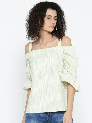 Women Green Striped Bardot Top