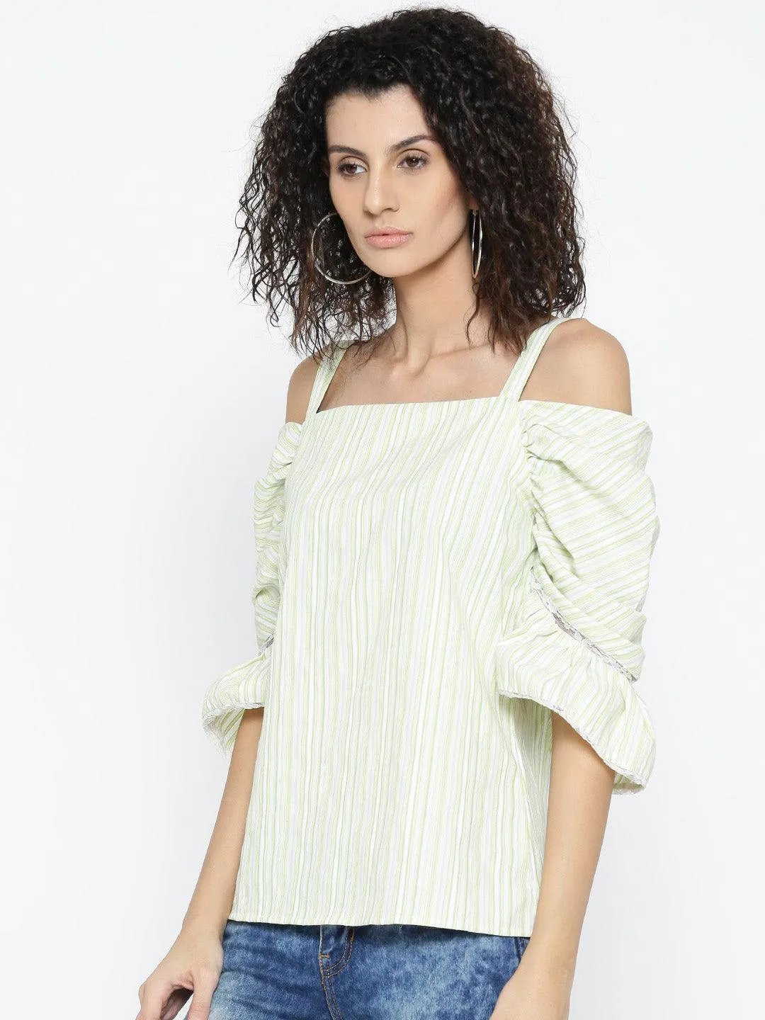 Women Green Striped Bardot Top