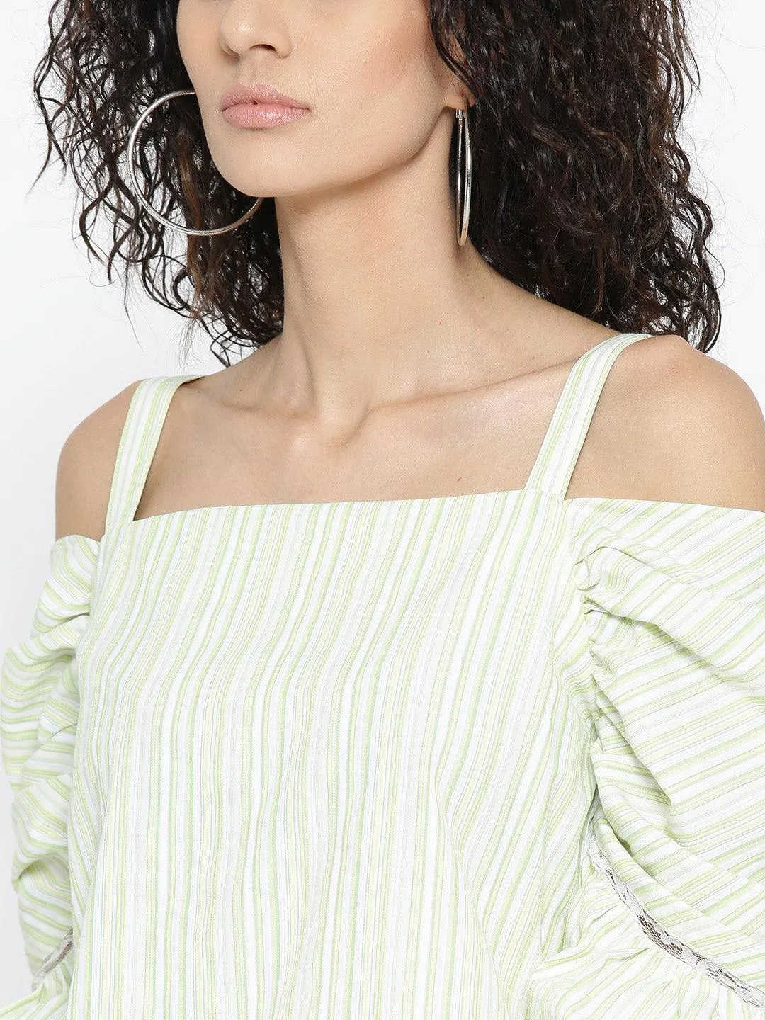 Women Green Striped Bardot Top