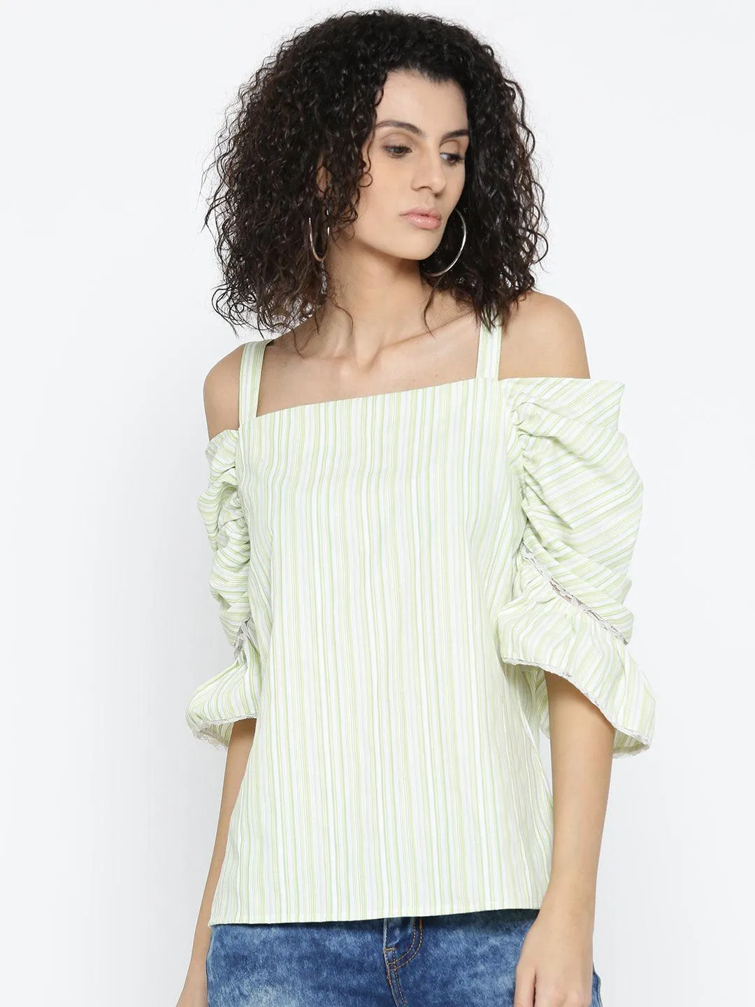 Women Green Striped Bardot Top