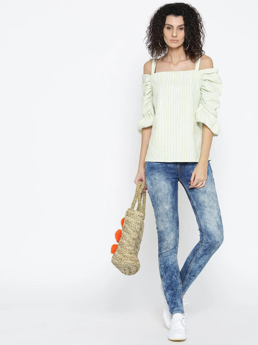 Women Green Striped Bardot Top