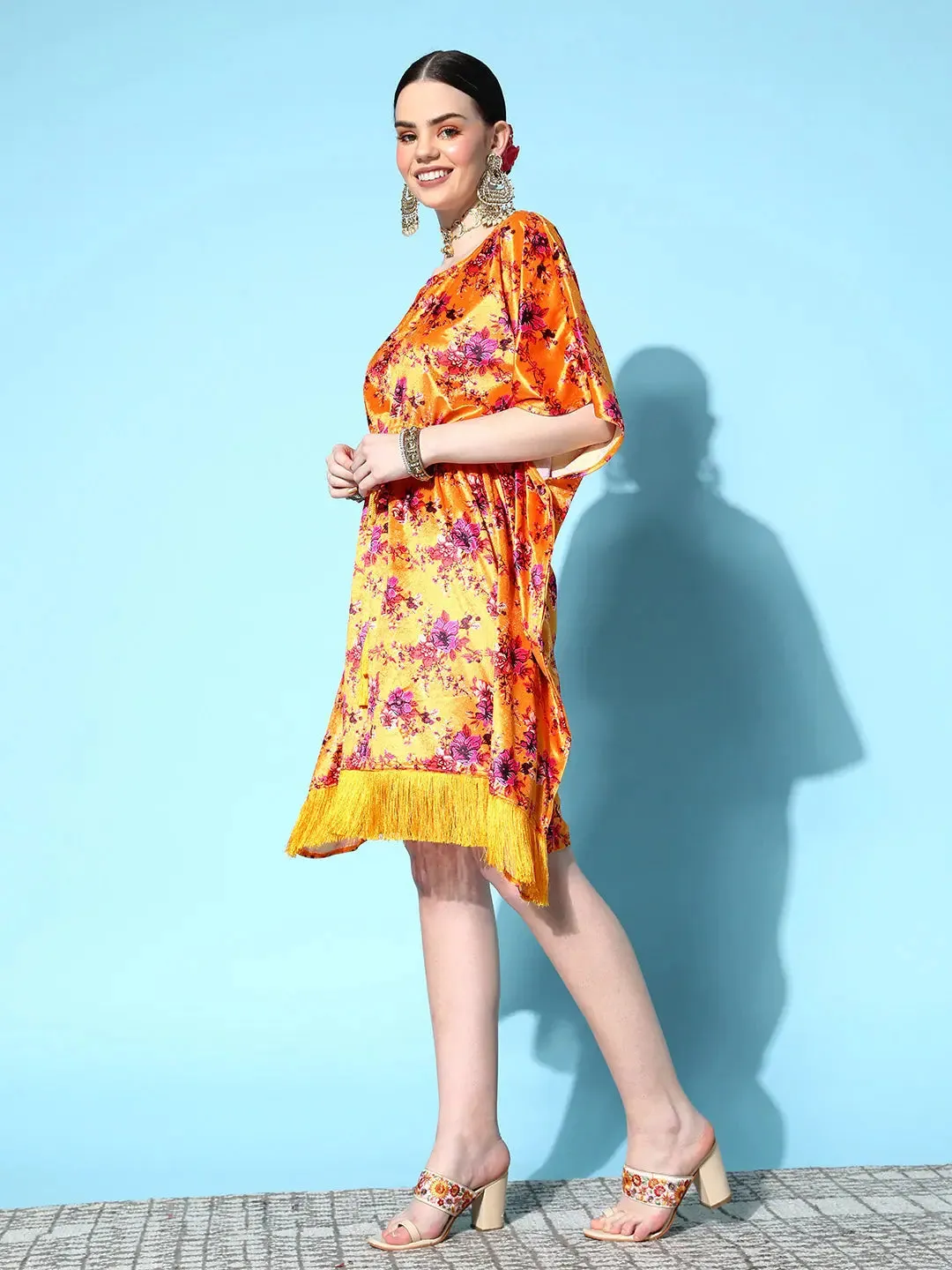 Women Orange Floral Velvet High Low Kaftan Dress