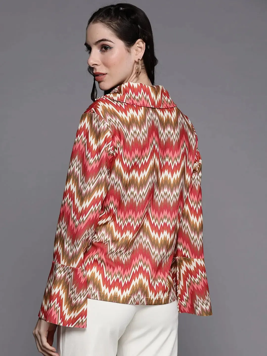 Women Rust Chevron Bell Sleeves Collar Top